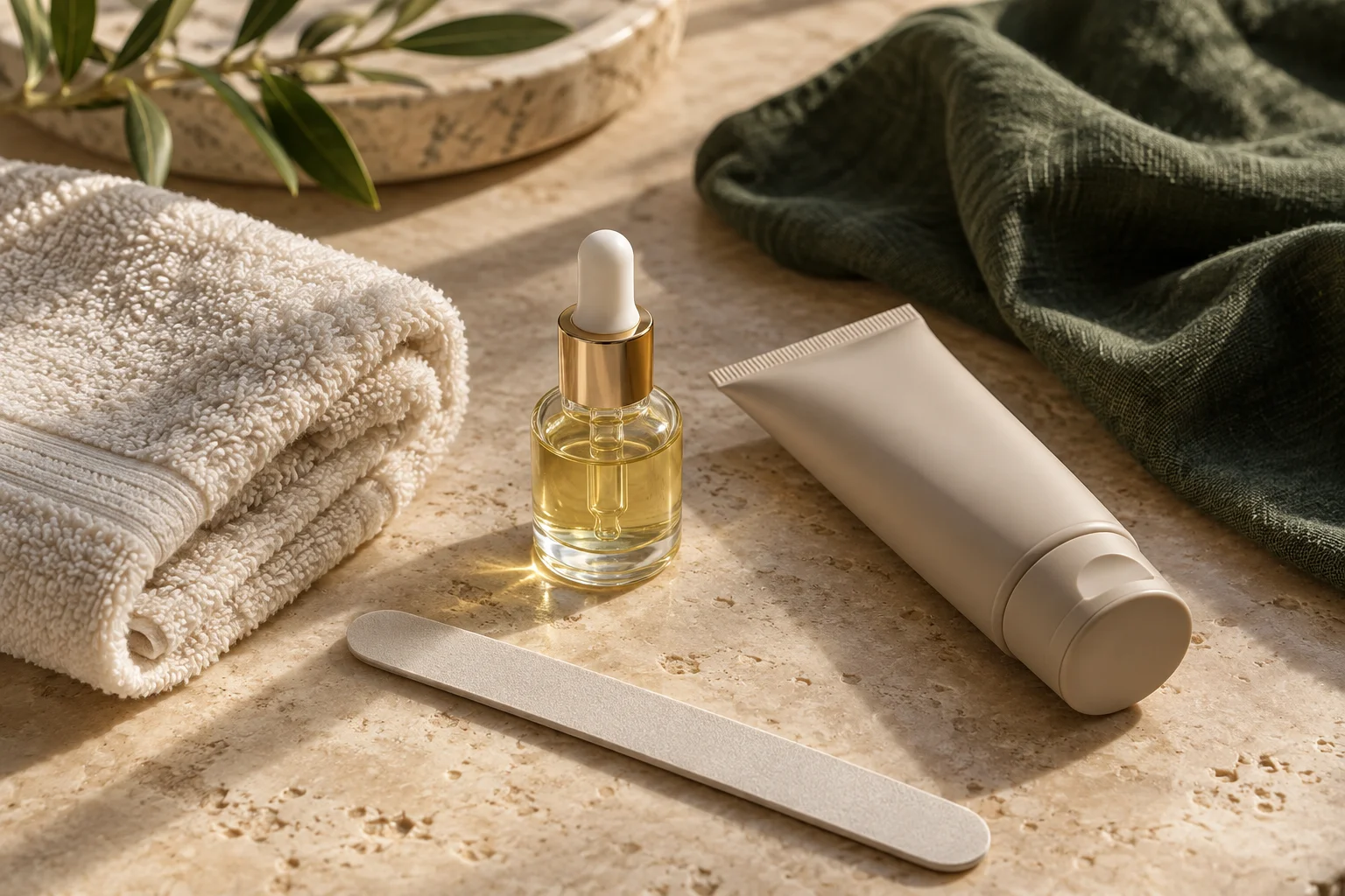 Olio per cuticole, crema mani e lima su un piano in pietra chiara